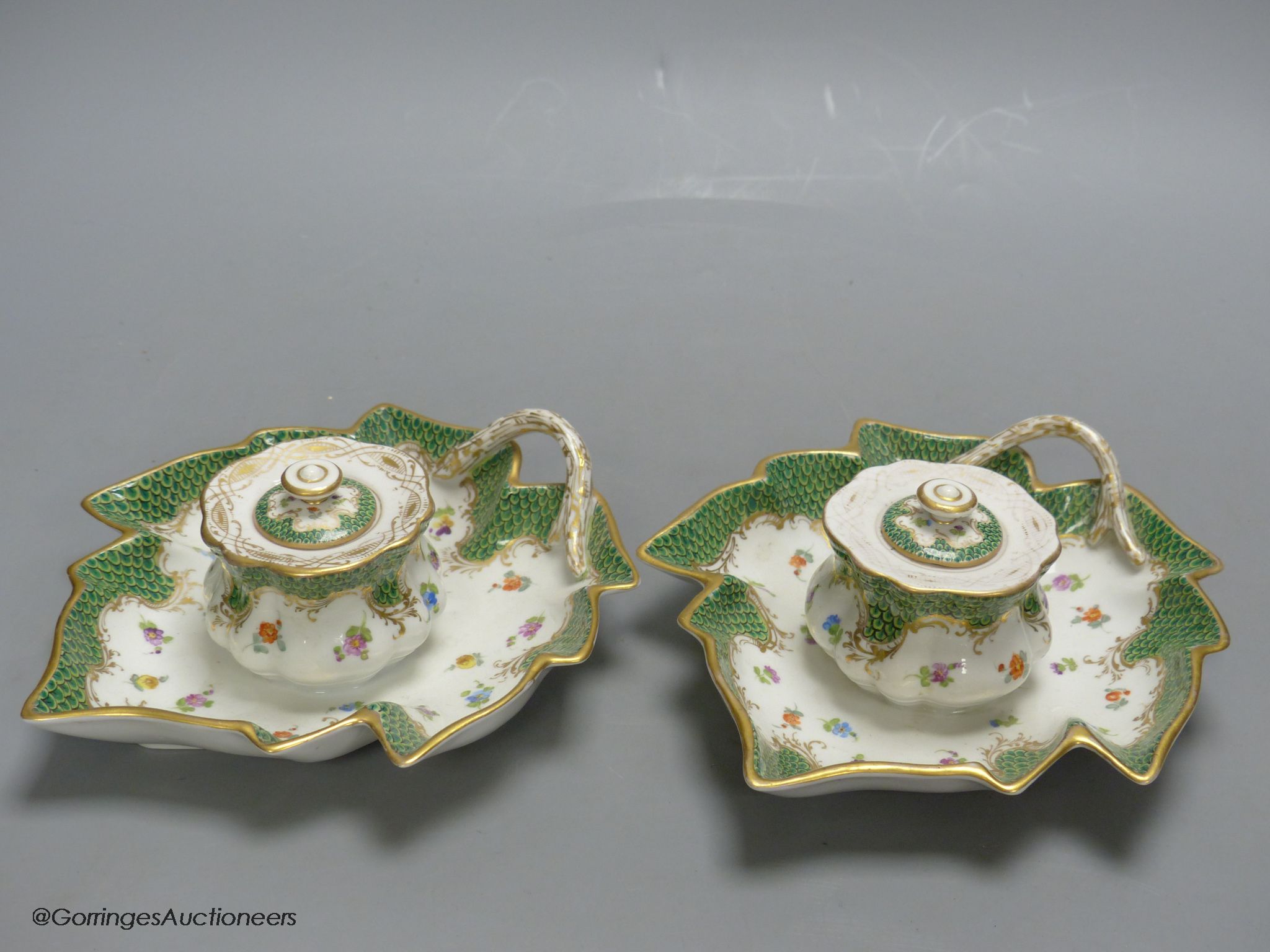 A pair of Dresden porcelain inkwells, length 19cm